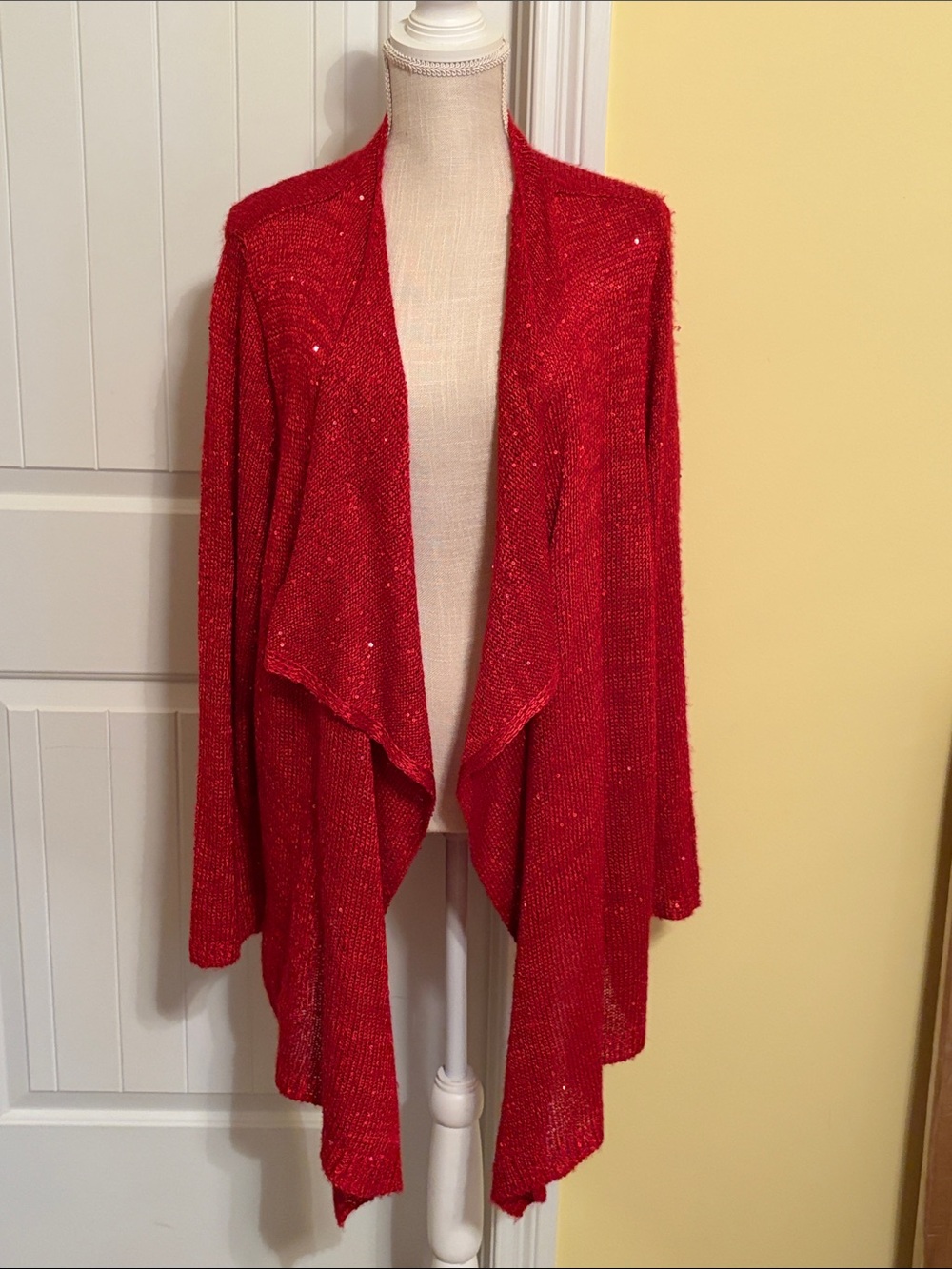 Catherines Red Sparkle Draped Open-Front Cardigan